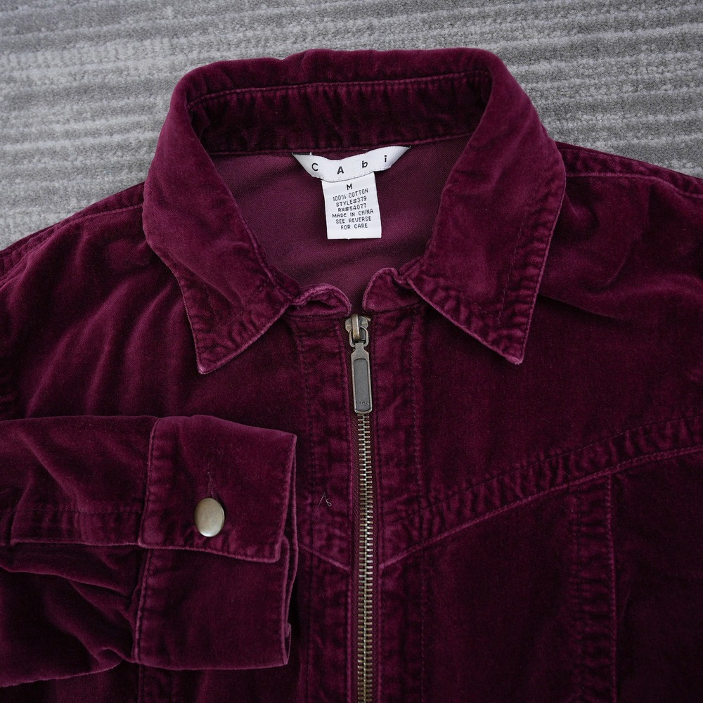 Cabi Burgundy Plum Velvet Zip Up Jacket Style 379 Women's Medium Cotton Collar - Picture 1 of 10